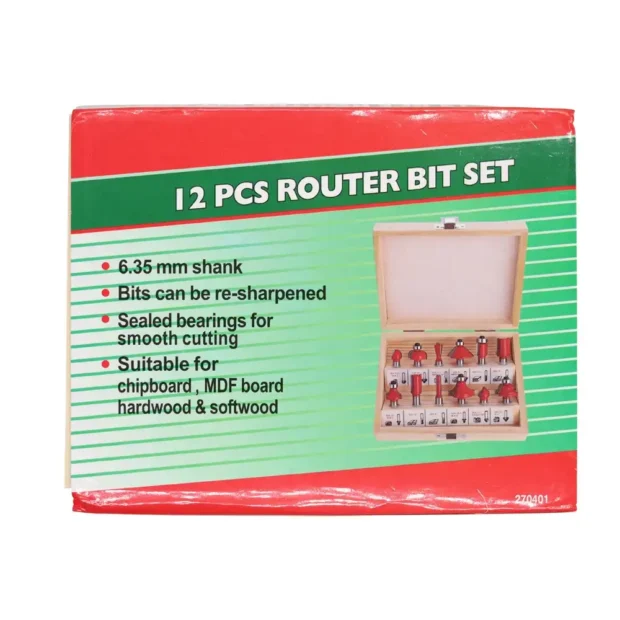 1/4″ shank router bit set in wood box