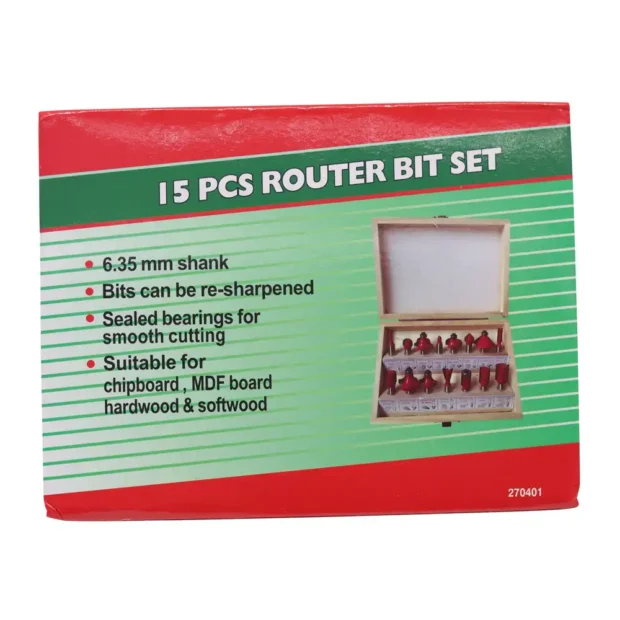 1/4″ shank router bit set in wood box